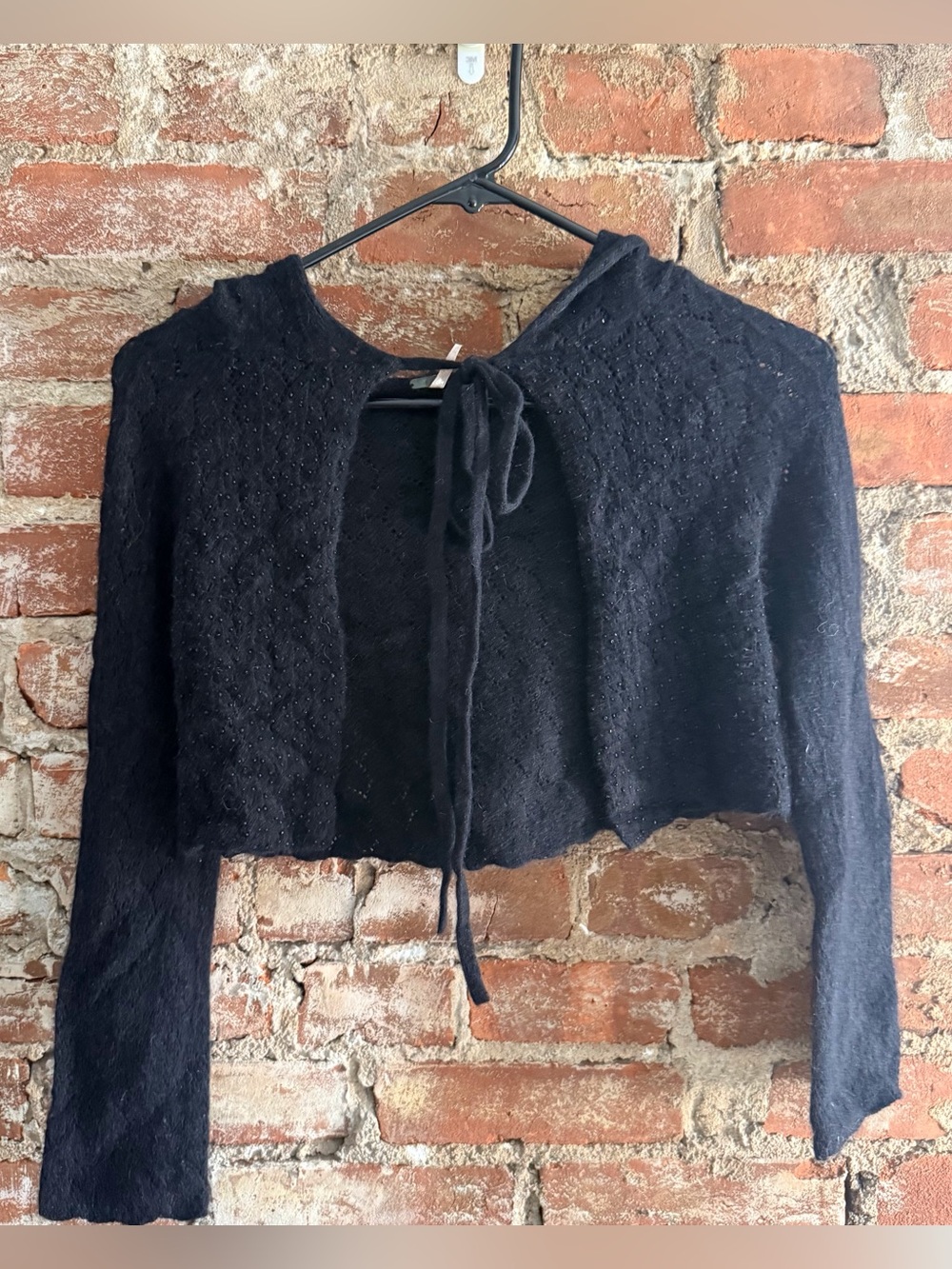Free People Black Cropped Tie-Front Knit Cardigan